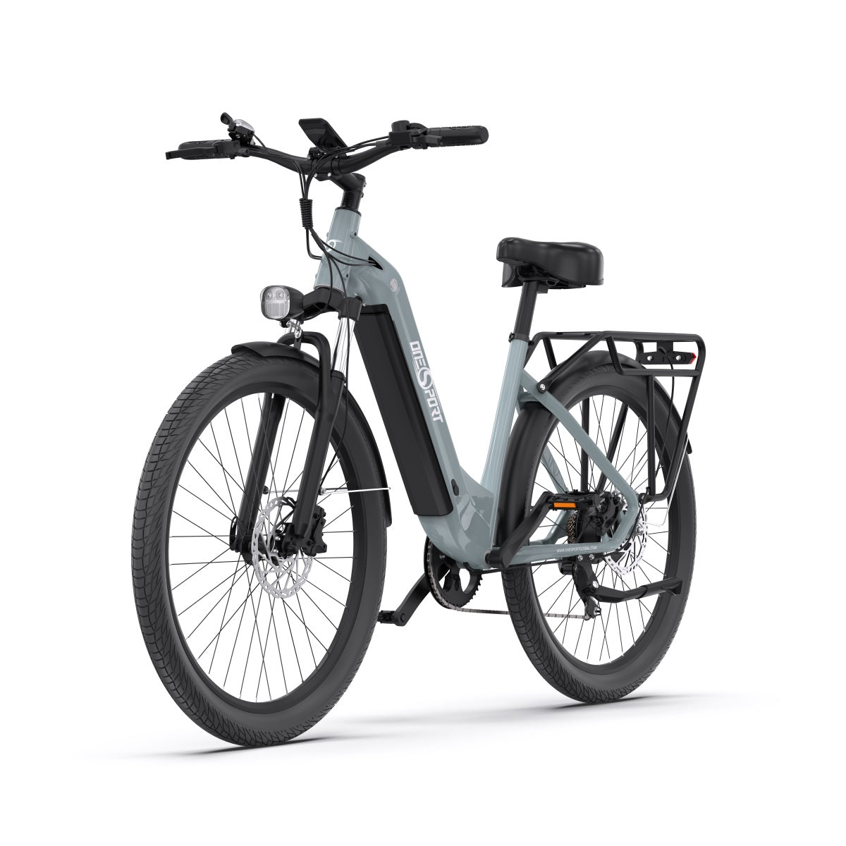 Bici elettrica OneSport OT05 vista di tre quarti in colore azzurro