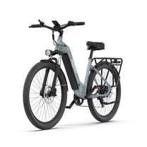 Bici elettrica OneSport OT05 vista di tre quarti in colore azzurro