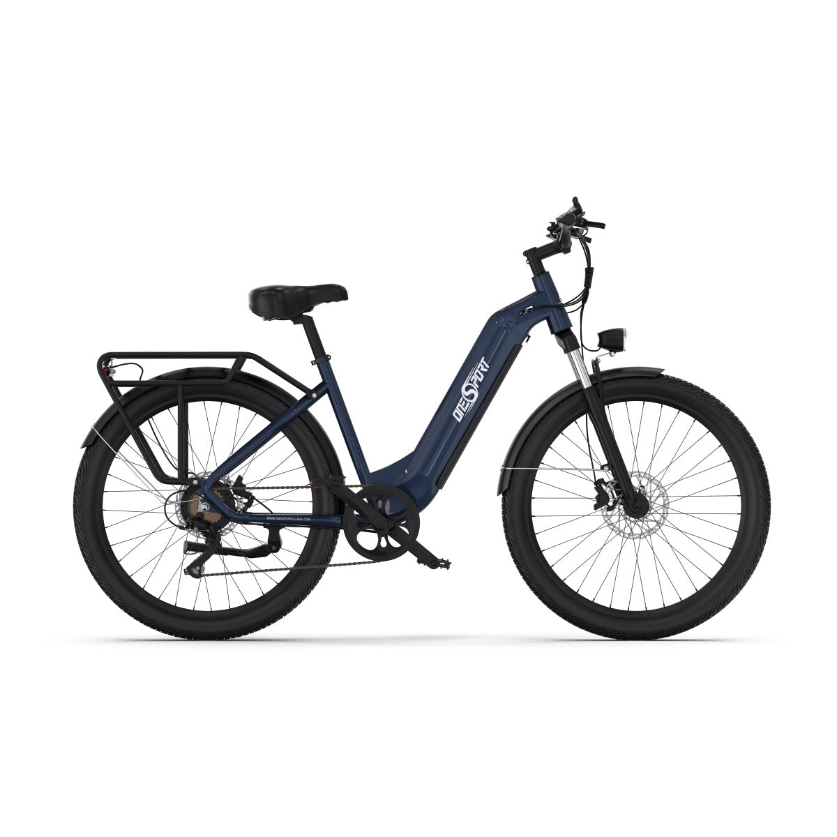 Bici elettrica OneSport OT05 vista dal lato opposto in colore blu