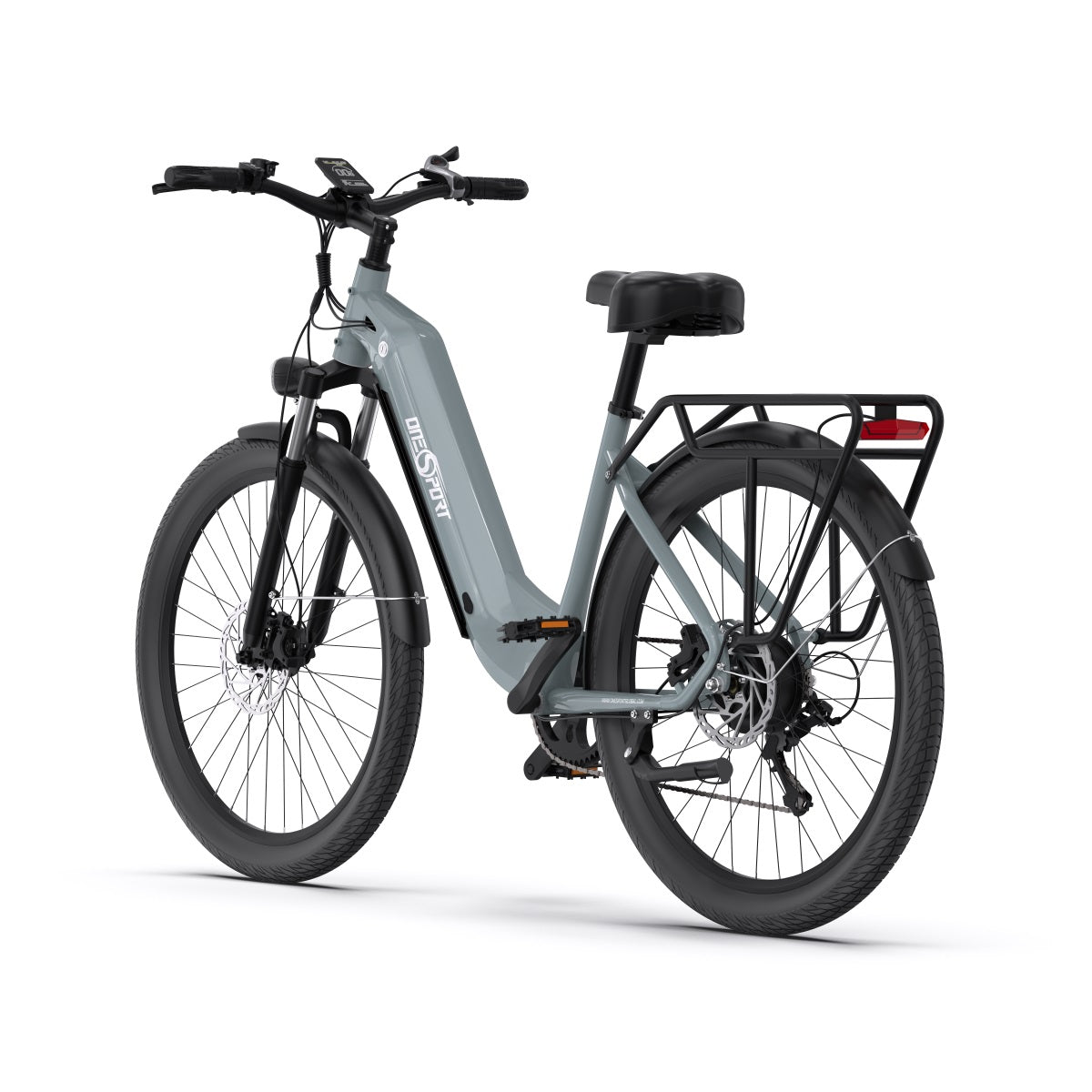 Bici elettrica OneSport OT05 vista di tre quarti dal lato opposto in colore azzurro