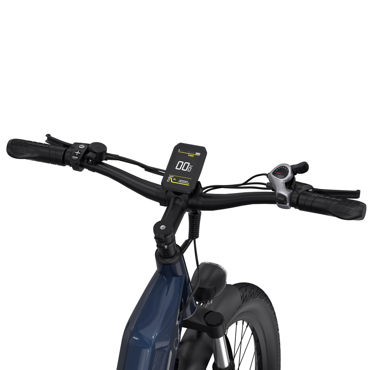 Manubrio dell'OneSport OT05 con display e comandi in colore blu