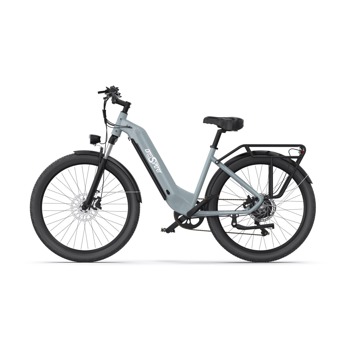 Bici elettrica OneSport OT05 vista di lato in colore azzurro