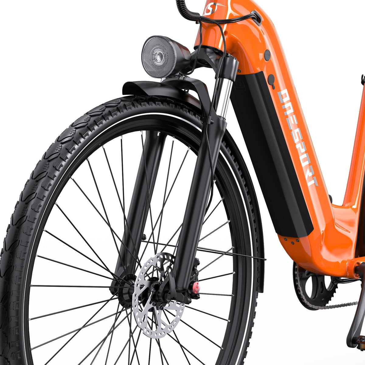 Ruota anteriore e forcella dell'OneSport OT05 Pro in colore arancione