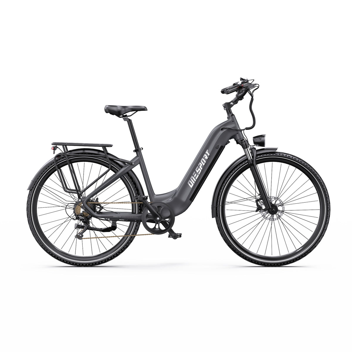 Bici elettrica OneSport OT05 Pro vista dal lato opposto in colore nero