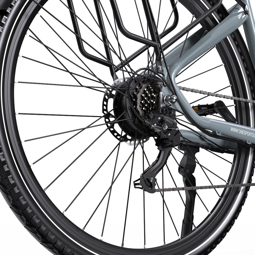 Ruota posteriore dell'OneSport OT05 Pro in colore azzurro dal basso