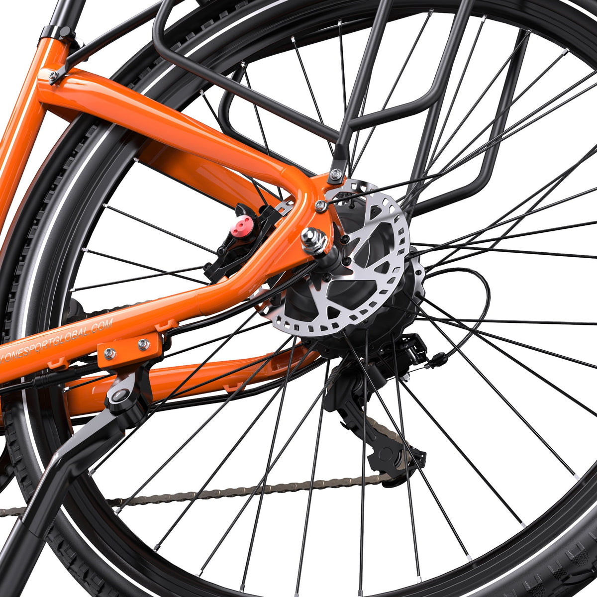 Cambio e catena dell'OneSport OT05 Pro da dietro in colore arancione