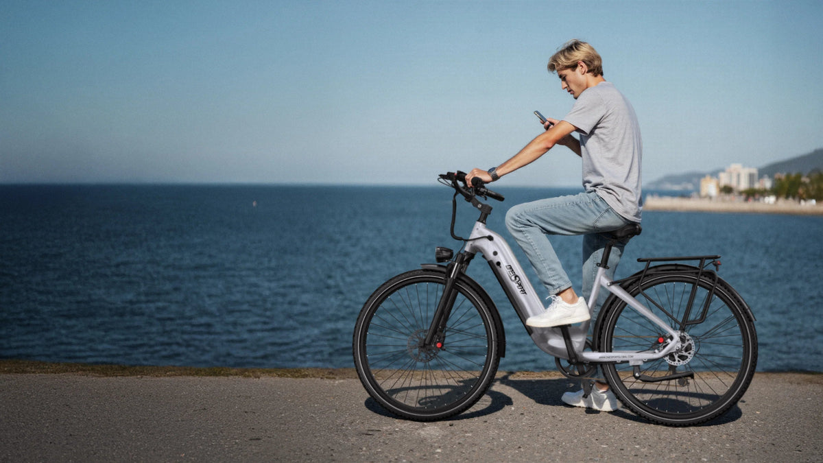 Persona alla guida della bici elettrica OneSport OT05 Pro con il casco in riva al mare in colore azzurro