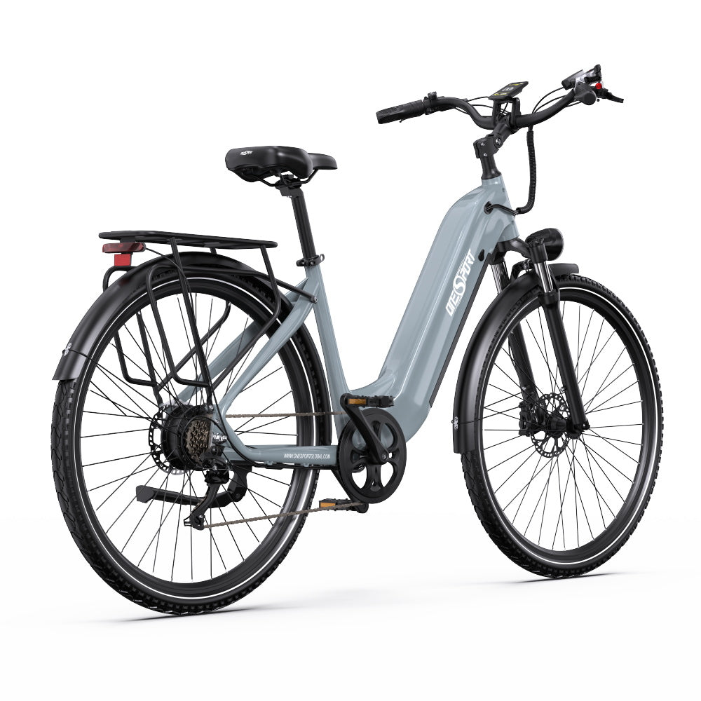 Bici elettrica OneSport OT05 Pro vista di tre quarti da dietro in colore azzurro