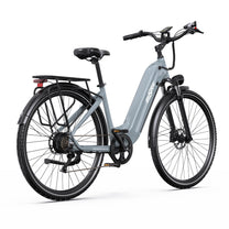 Bici elettrica OneSport OT05 Pro vista di tre quarti da dietro in colore azzurro