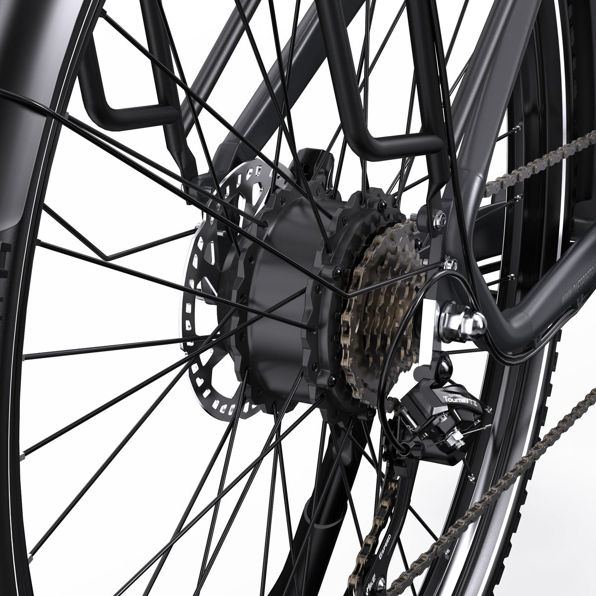 Cambio e catena dell'OneSport OT05 Pro in colore nero in primo piano