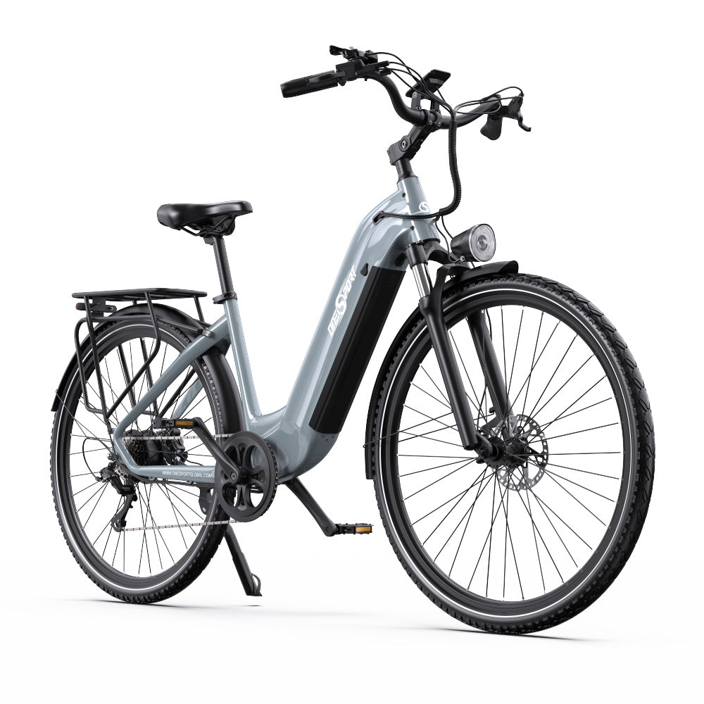Bici elettrica OneSport OT05 Pro vista di tre quarti dal lato opposto in colore azzurro