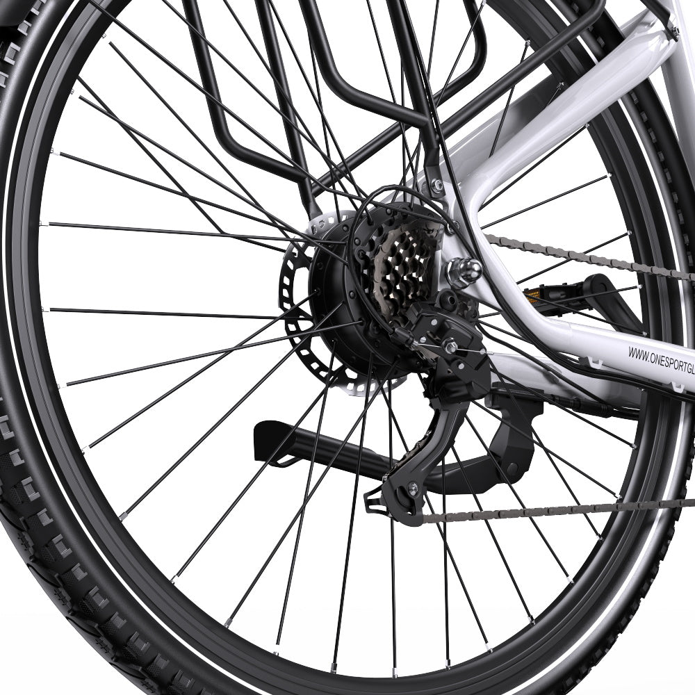 Cambio e catena dell'OneSport OT05 Pro in colore bianco in primo piano