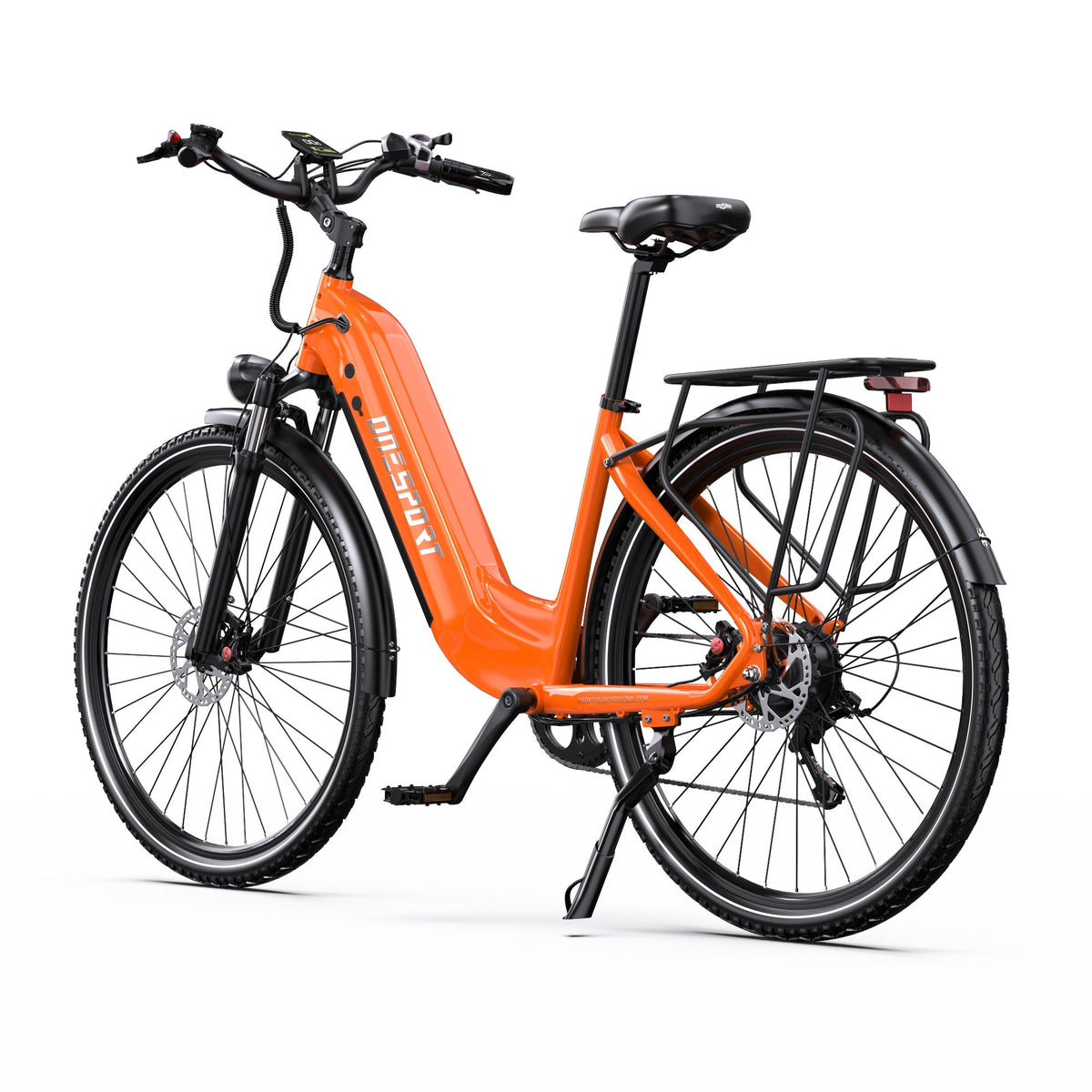 Bici elettrica OneSport OT05 Pro vista da dietro in colore arancione