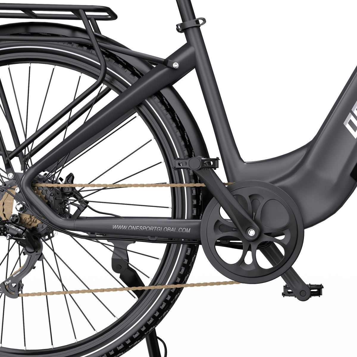 Cambio e catena dell'OneSport OT05 Pro in vista laterale in colore nero