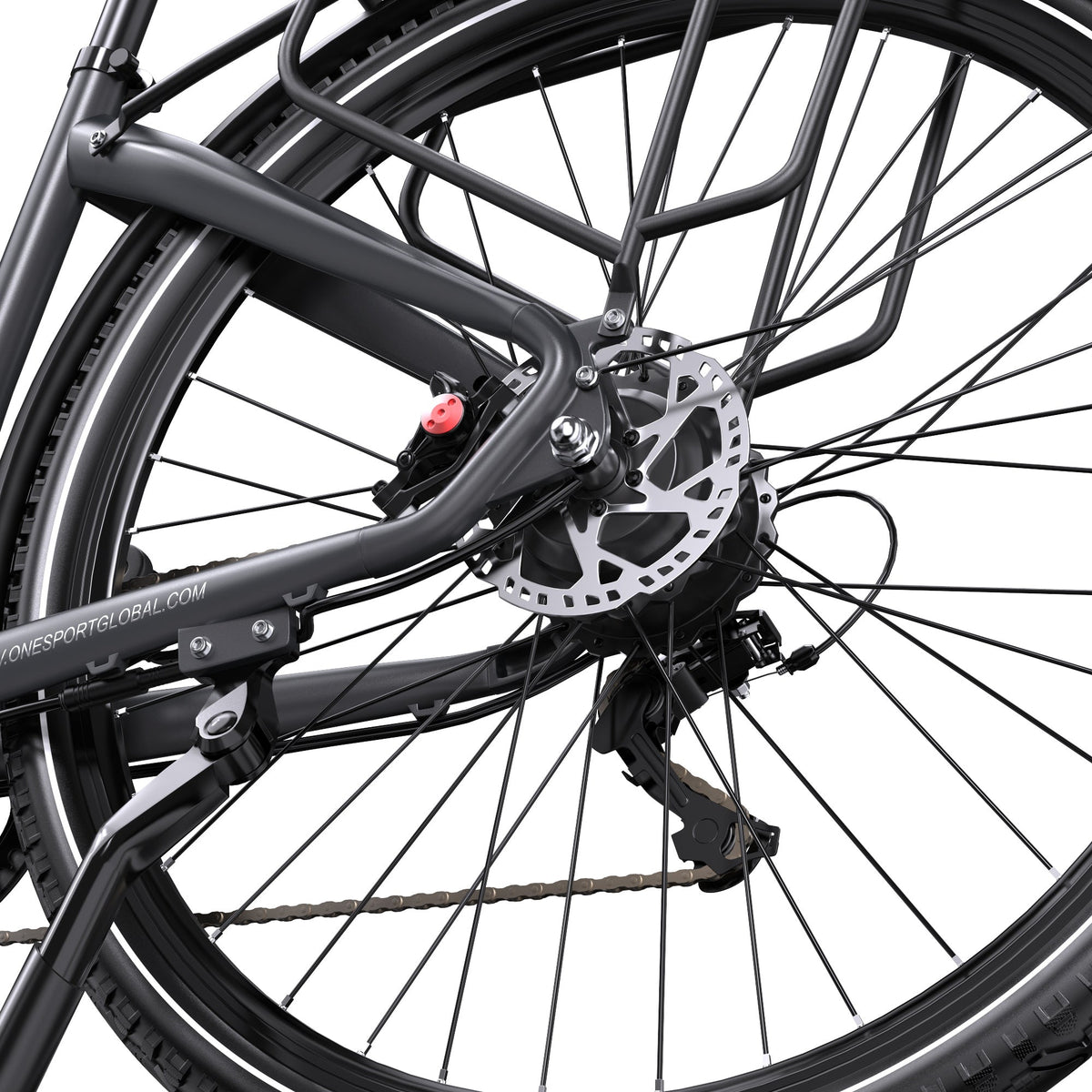 Ruota posteriore dell'OneSport OT05 Pro in colore nero dal basso