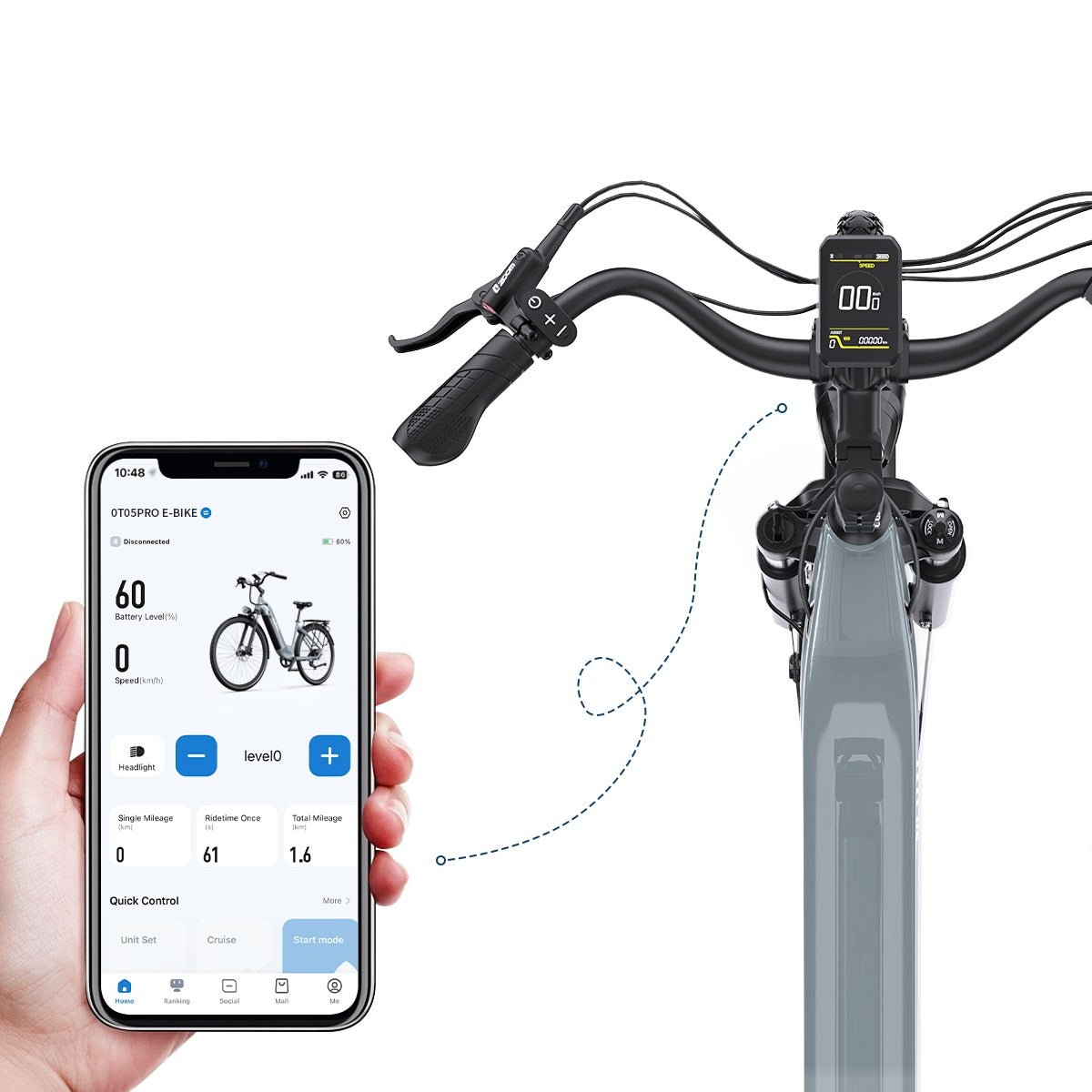 App per smartphone della bici elettrica OneSport OT05 Pro in colore azzurro