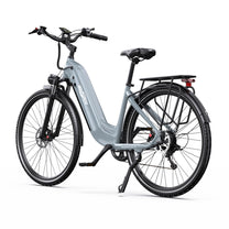 Bici elettrica OneSport OT05 Pro vista di fronte in colore azzurro