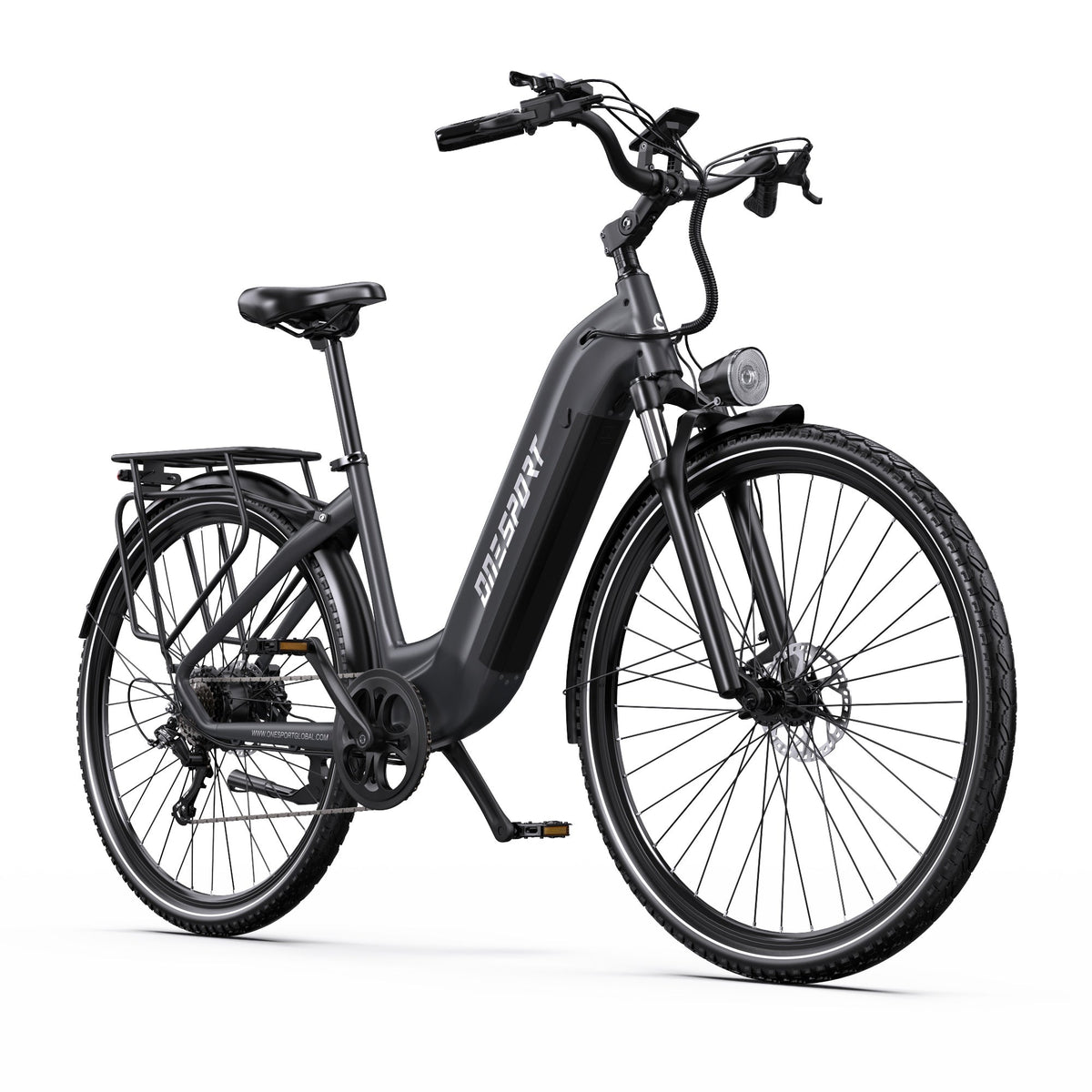 Bici elettrica OneSport OT05 Pro vista di tre quarti da dietro in colore nero