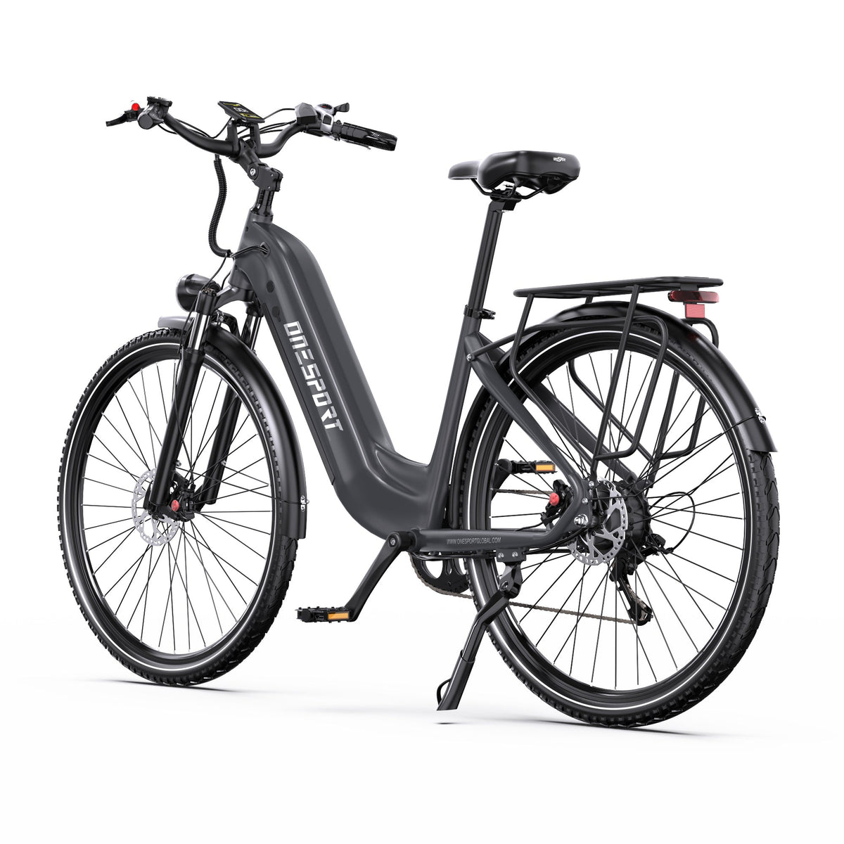 Bici elettrica OneSport OT05 Pro vista di tre quarti dal lato opposto in colore nero