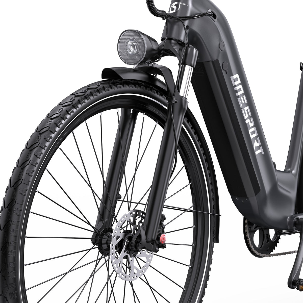 Ruota anteriore e forcella dell'OneSport OT05 Pro in colore nero
