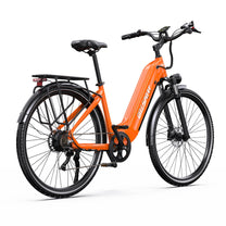 Bici elettrica OneSport OT05 Pro vista di tre quarti da dietro in colore arancione