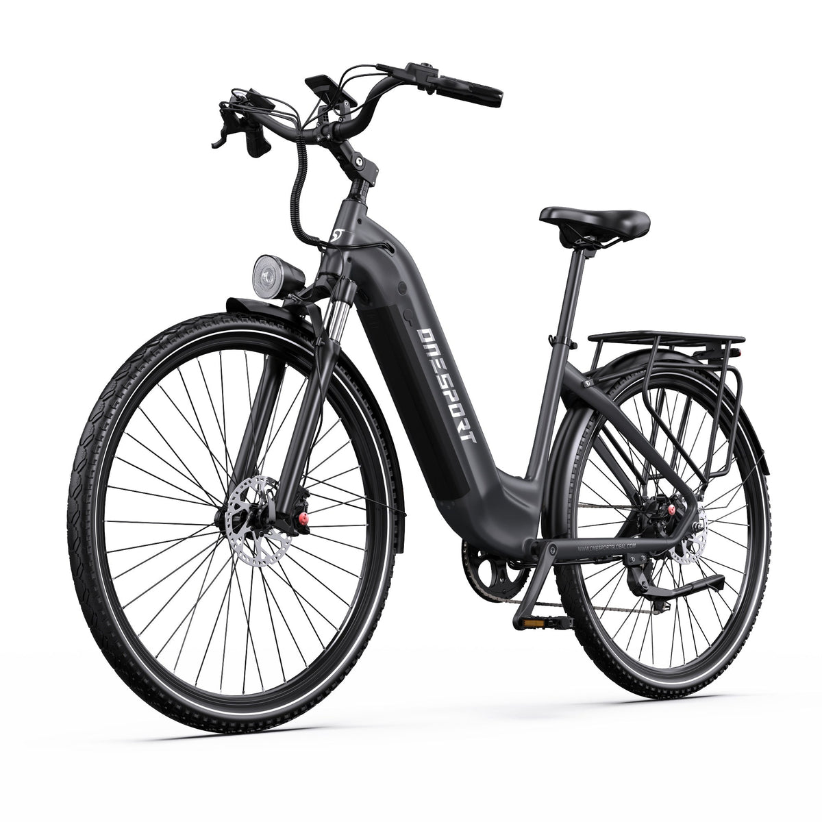 Bici elettrica OneSport OT05 Pro vista di tre quarti in colore nero