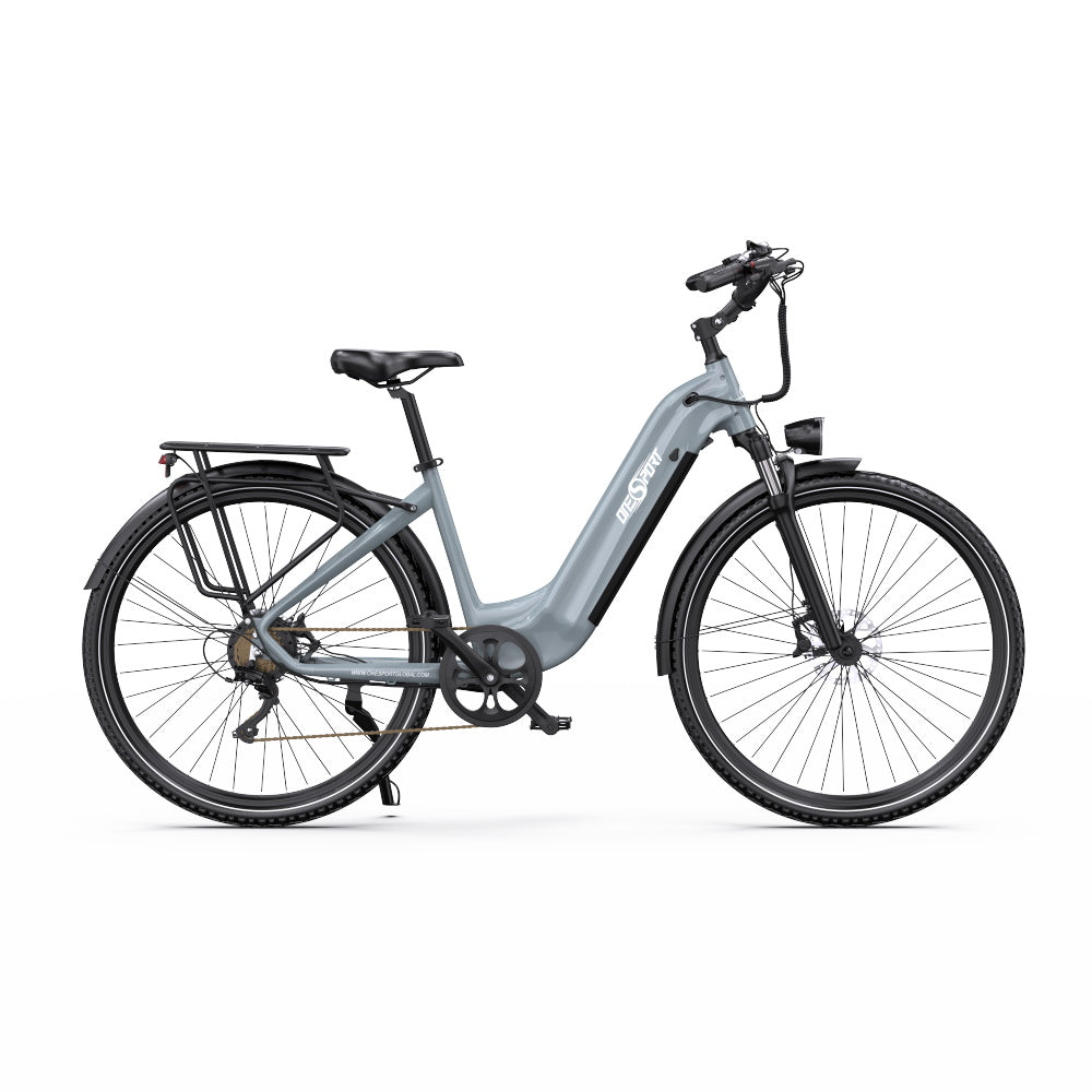 Bici elettrica OneSport OT05 Pro vista dal lato opposto in colore azzurro