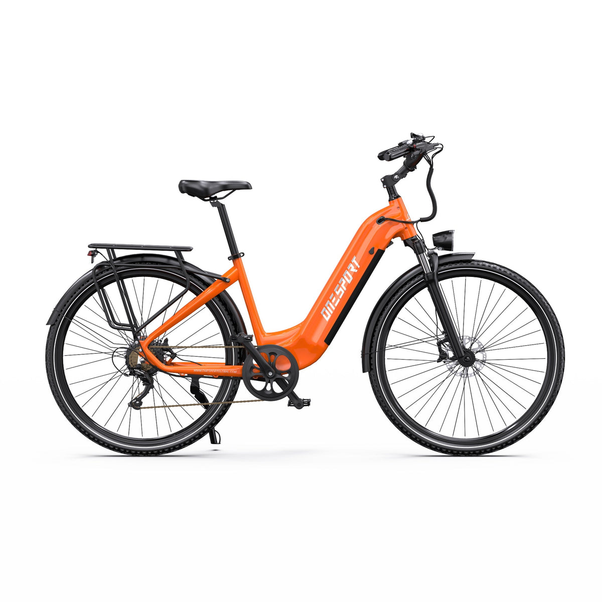 Bici elettrica OneSport OT05 Pro vista dal lato opposto in colore arancione
