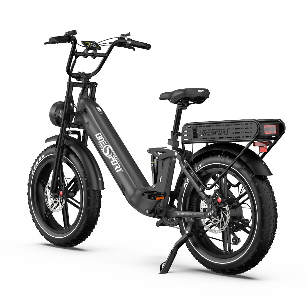 Fat bike elettrica OneSport OT08 Pro vista di tre quarti in colore grigio sul cavalletto