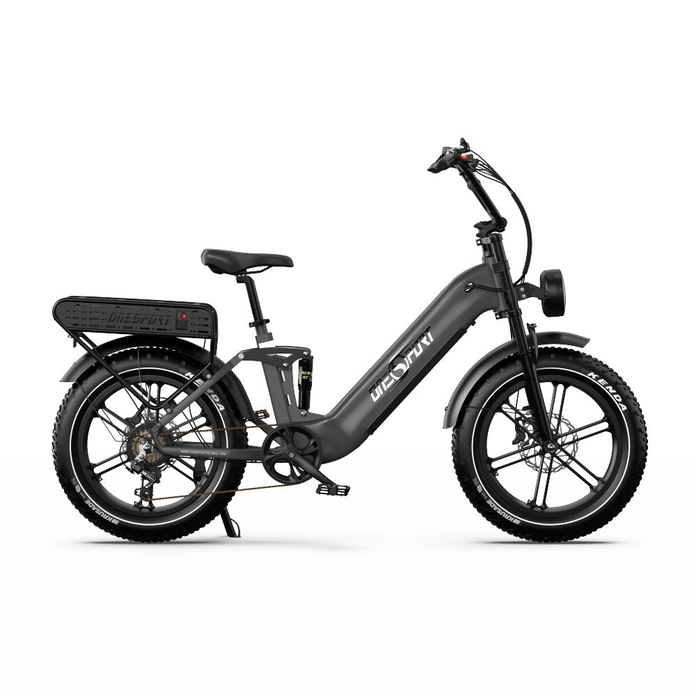 Fat bike elettrica OneSport OT08 Pro vista dal lato opposto in colore grigio