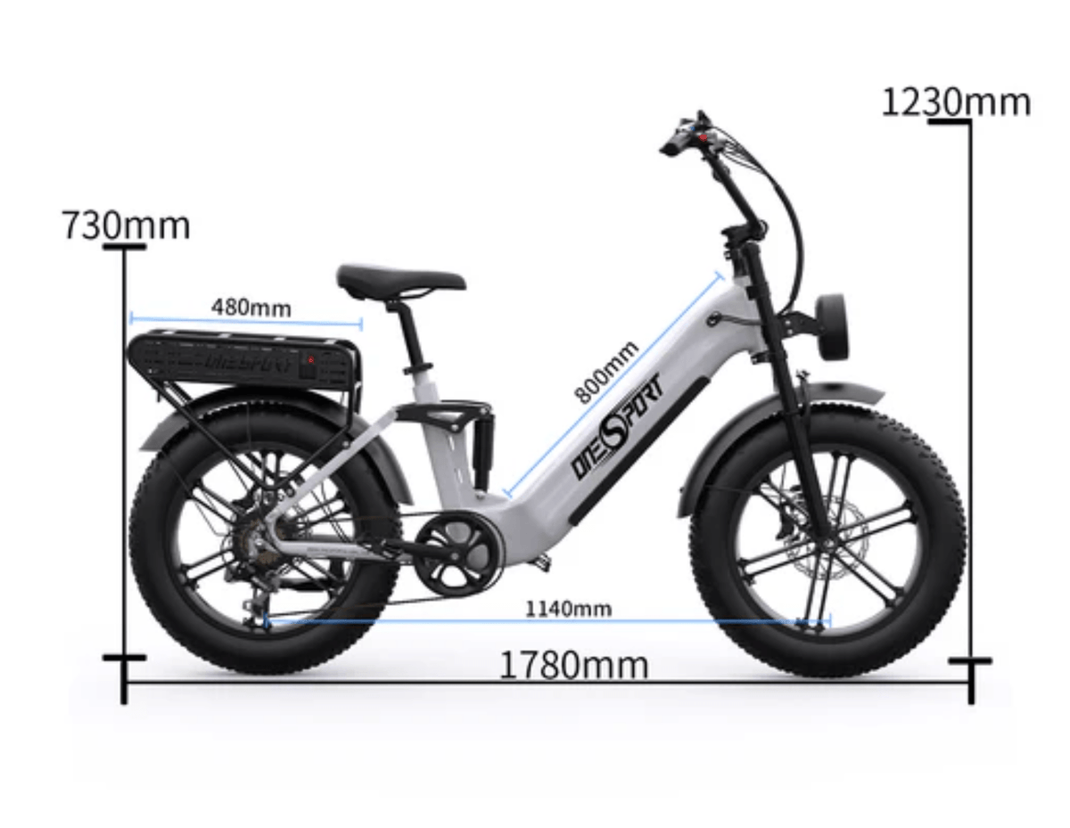 Disegno con le misure della fat bike elettrica OneSport OT08 Pro in colore bianco