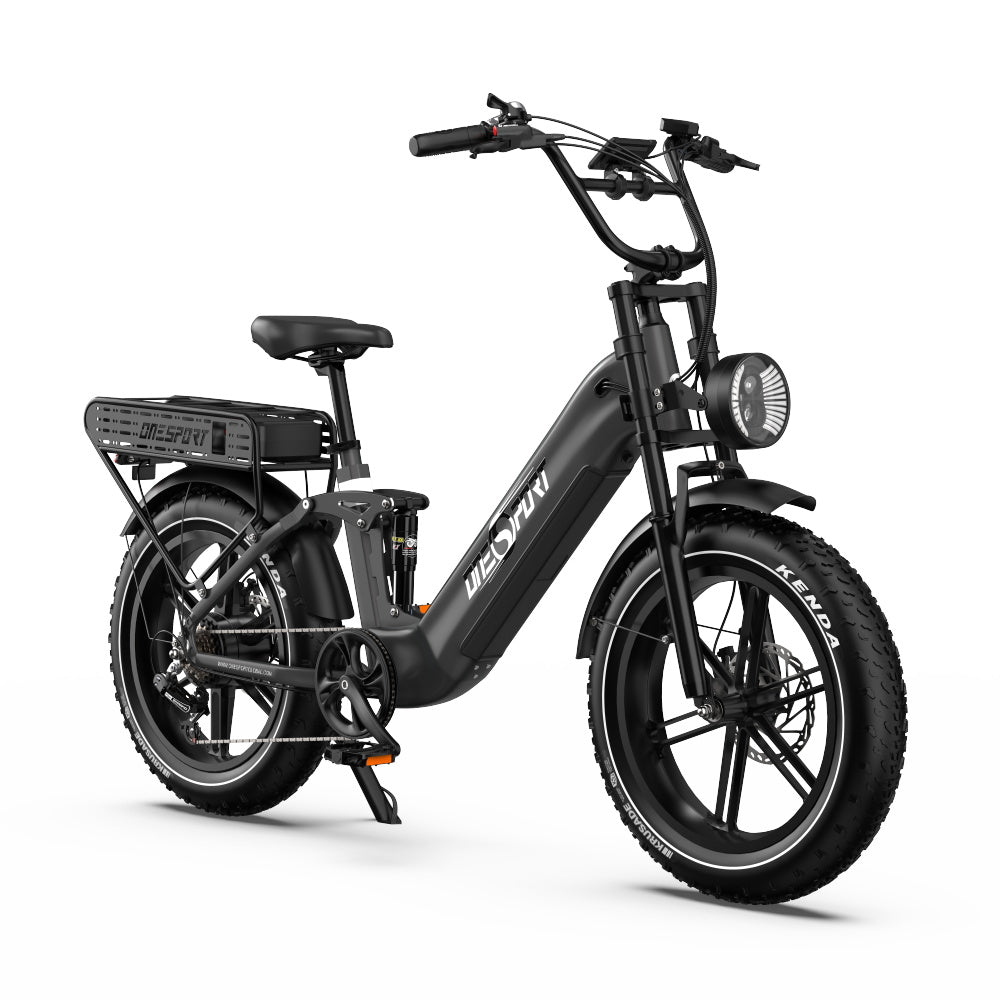 Fat bike elettrica OneSport OT08 Pro vista di tre quarti dal lato opposto in colore grigio