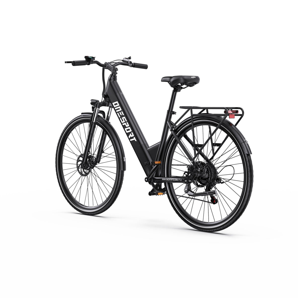 Bici elettrica OneSport OT12 vista di tre quarti da dietro dal lato opposto in colore nero