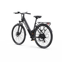Bici elettrica OneSport OT12 vista di tre quarti da dietro dal lato opposto in colore nero