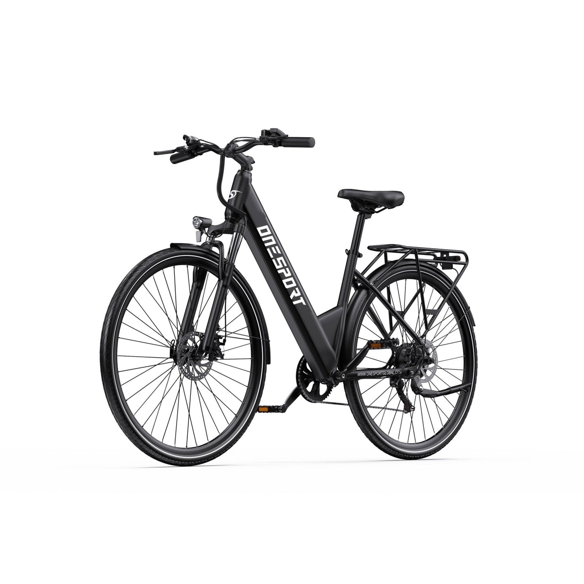 Bici elettrica OneSport OT12 vista di tre quarti in colore nero