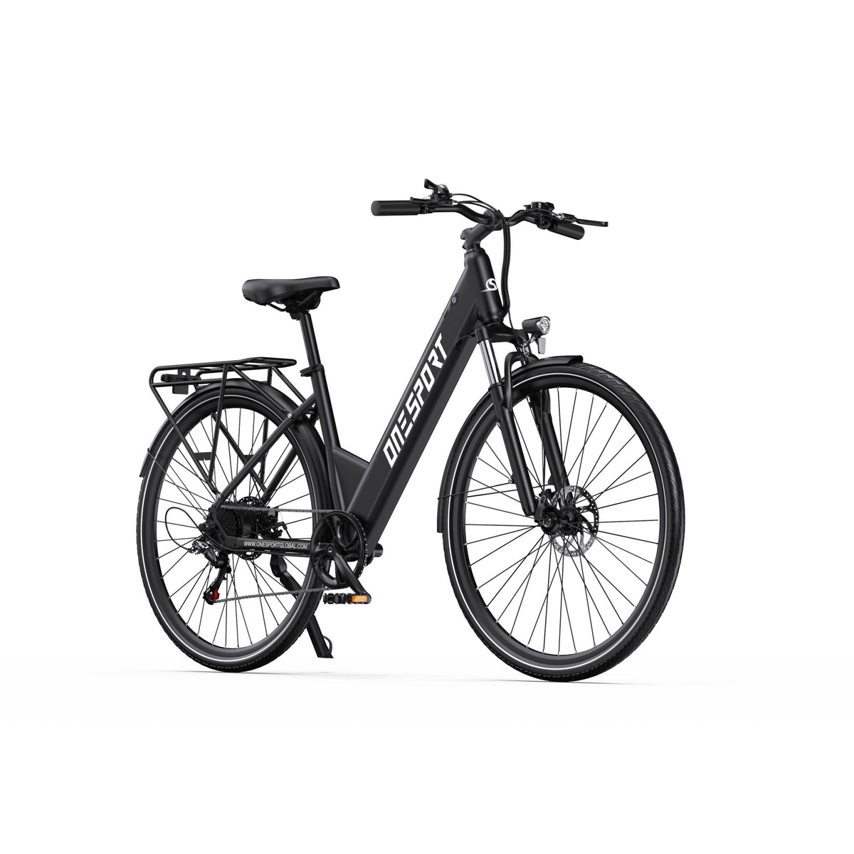 Bici elettrica OneSport OT12, vista di tre quarti dal davanti in nero
