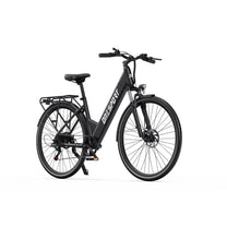 Bici elettrica OneSport OT12, vista di tre quarti dal davanti in nero