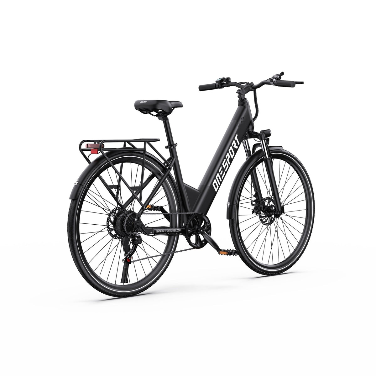 Bici elettrica OneSport OT12, vista di tre quarti da dietro in nero