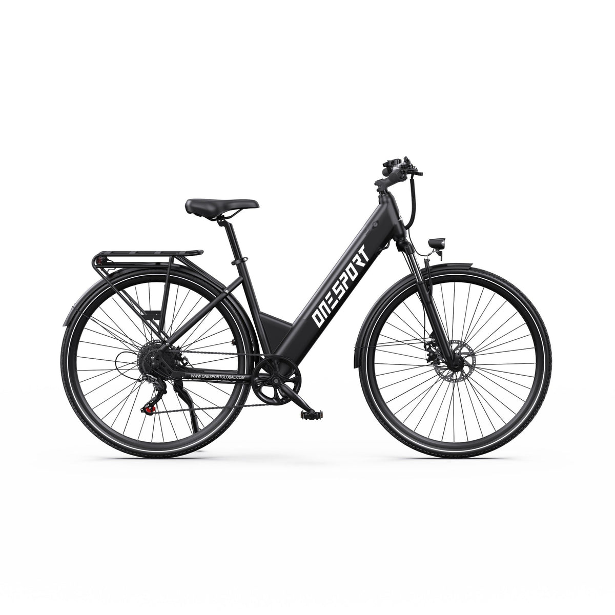 Bici elettrica OneSport OT12 vista dal lato opposto in colore nero