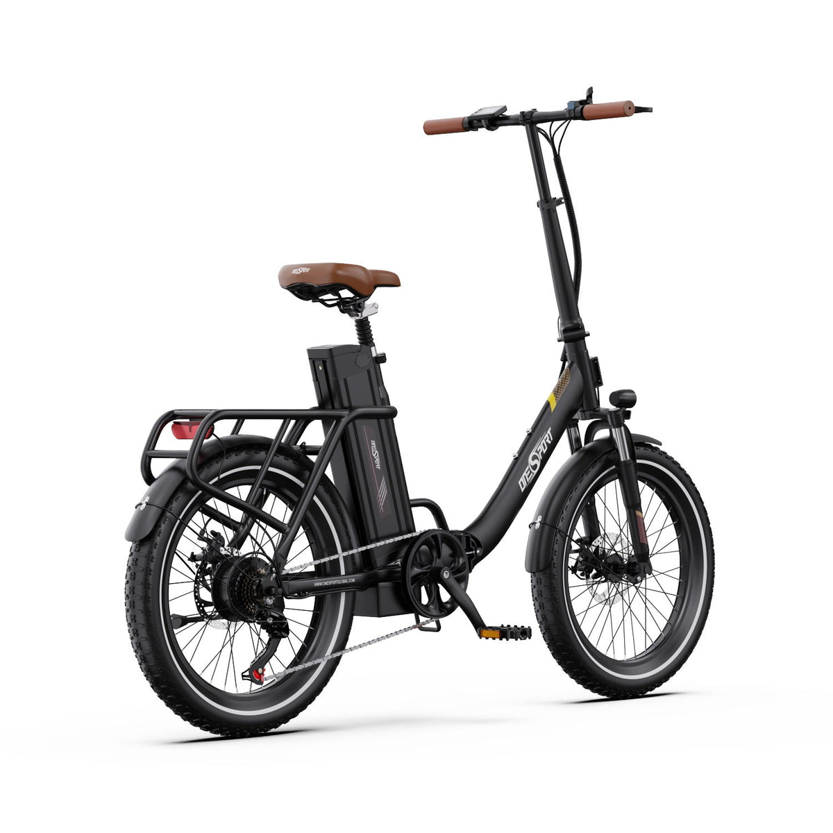 Bici elettrica pieghevole OneSport OT16-2 vista di tre quarti da dietro in colore nero
