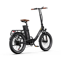 Bici elettrica pieghevole OneSport OT16-2 vista di tre quarti da dietro in colore nero