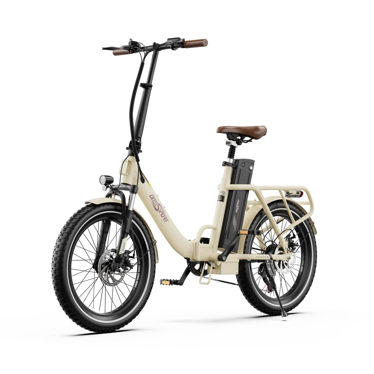 Bici elettrica pieghevole OneSport OT16-2 vista di tre quarti in colore beige