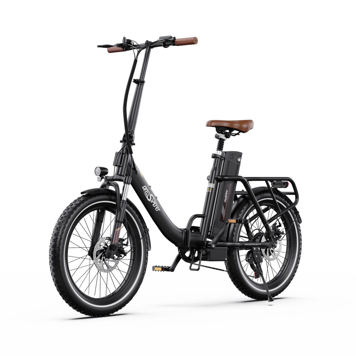 Bici elettrica pieghevole OneSport OT16-2 vista di tre quarti dal lato opposto in colore nero