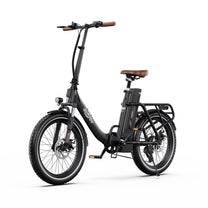 Bici elettrica pieghevole OneSport OT16-2 vista di tre quarti dal lato opposto in colore nero
