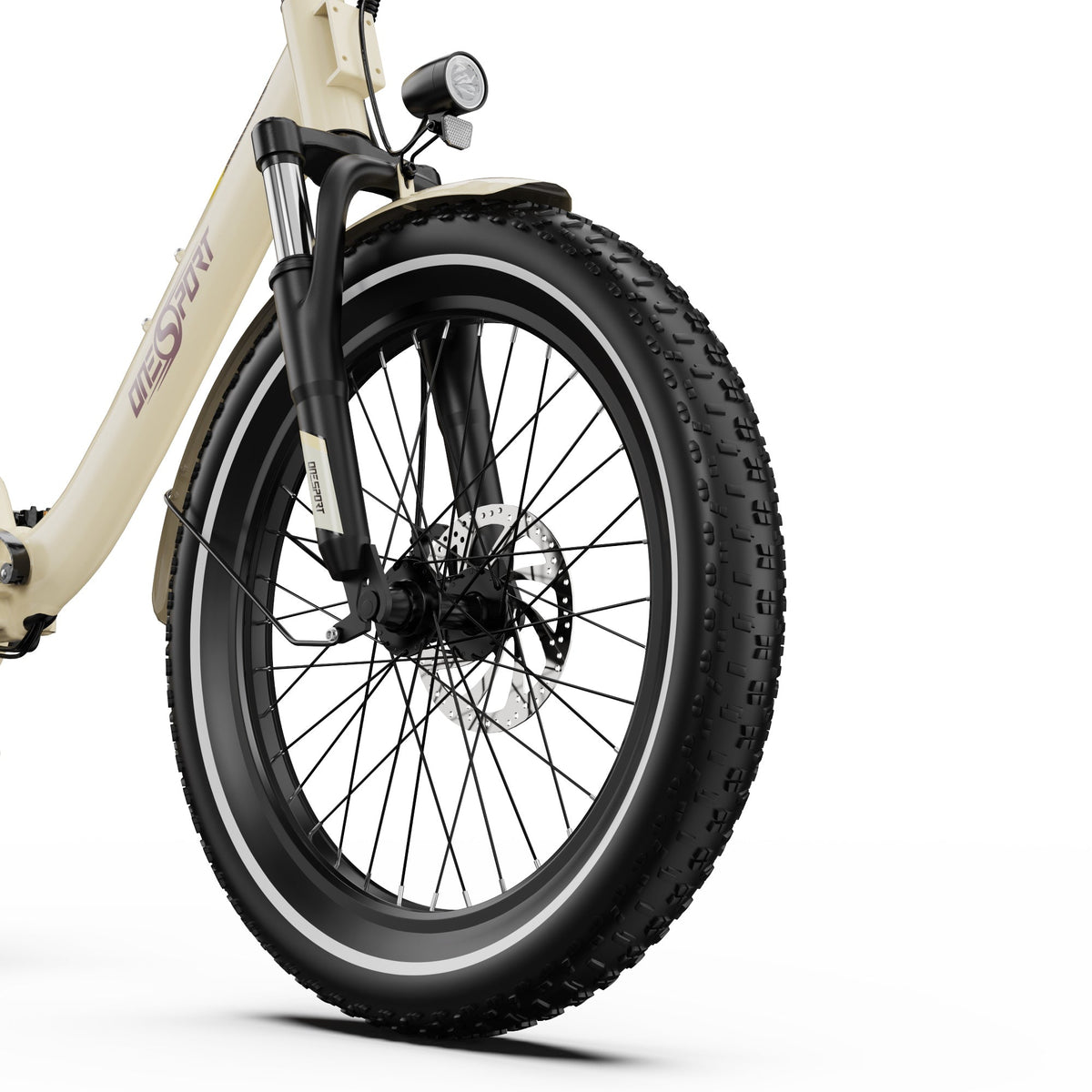 Ruota anteriore e forcella dell'OneSport OT16-2 in colore beige