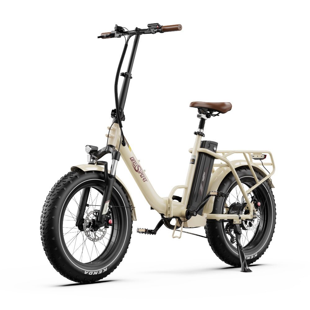 Fat bike elettrica pieghevole OneSport OT16 Max vista di tre quarti in colore beige