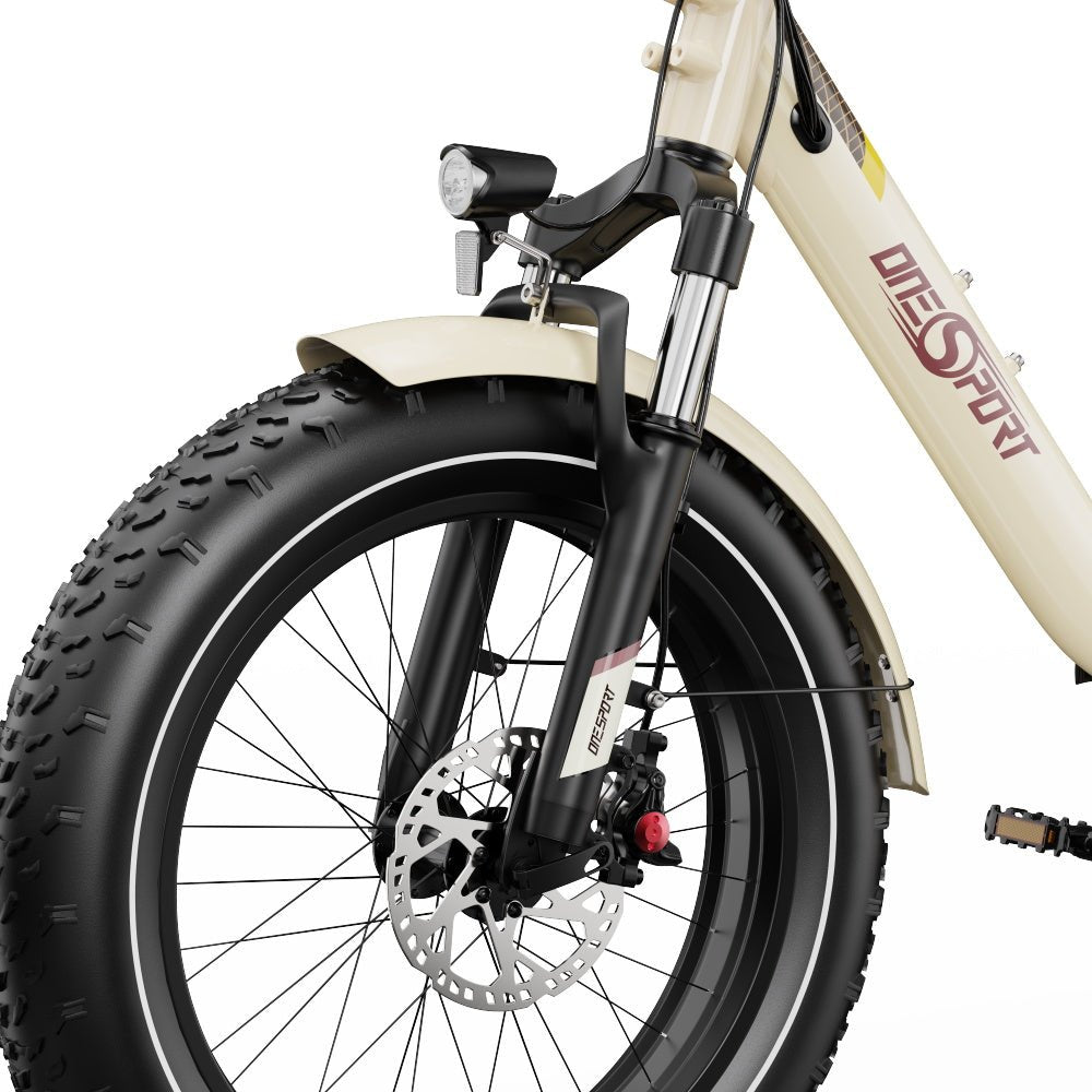 Ruota anteriore e forcella dell'OneSport OT16 Max in colore beige