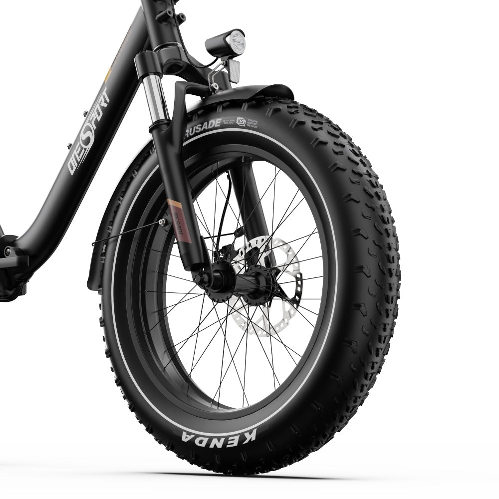 Ruota anteriore e forcella dell'OneSport OT16 Max in colore nero