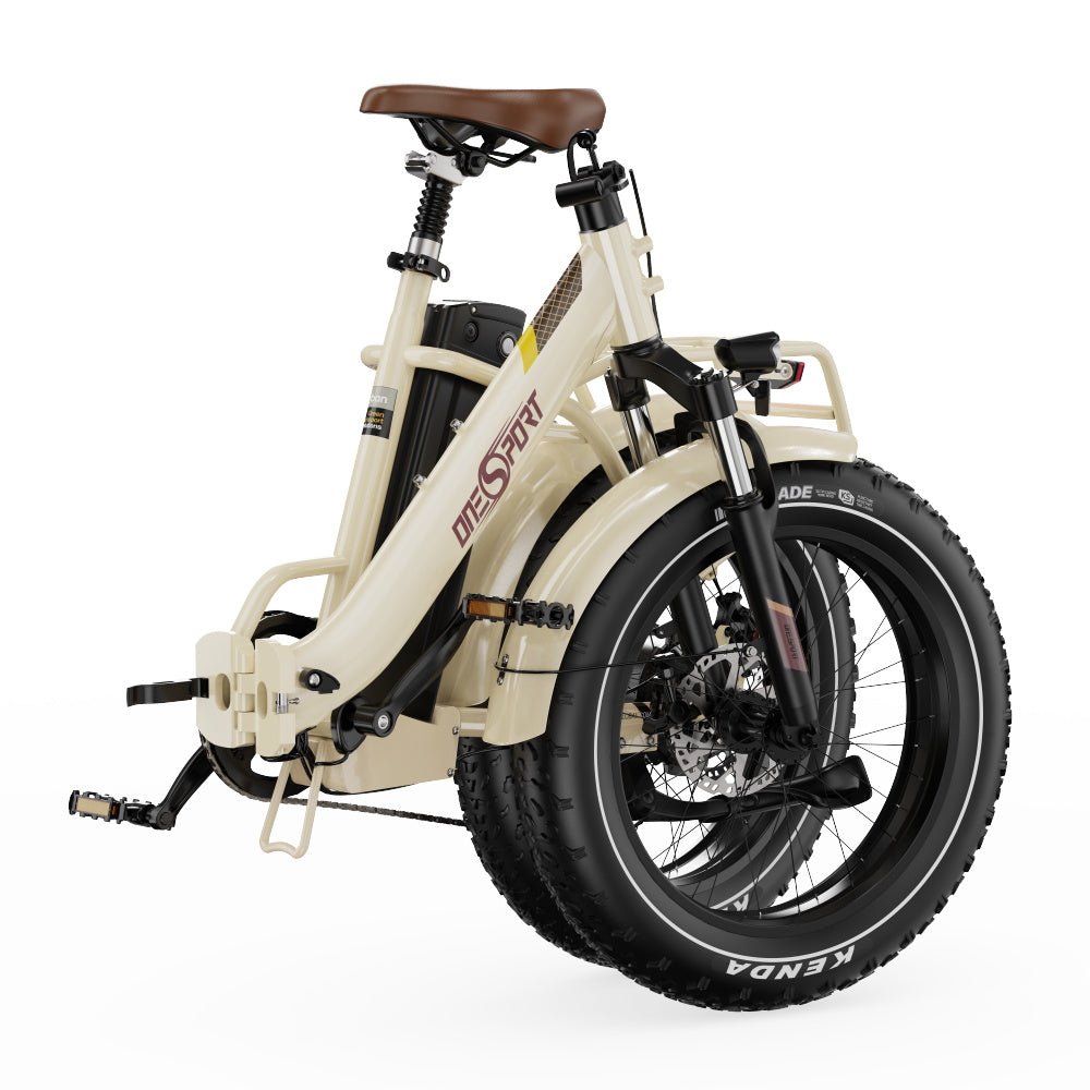 Fat bike elettrica pieghevole OneSport OT16 Max piegata in colore beige