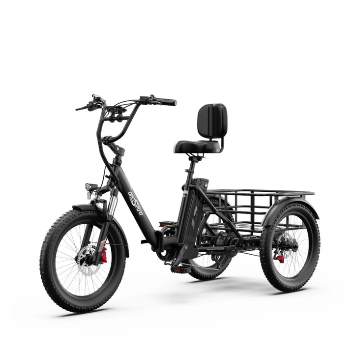 Triciclo elettrico OneSport OT30 Pro visto di tre quarti in colore nero